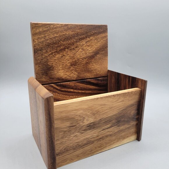 Handcrafted Acacia Hardwood Recipe Storage Box With Flip Up Lid Natural Finish - Picture 2 of 9